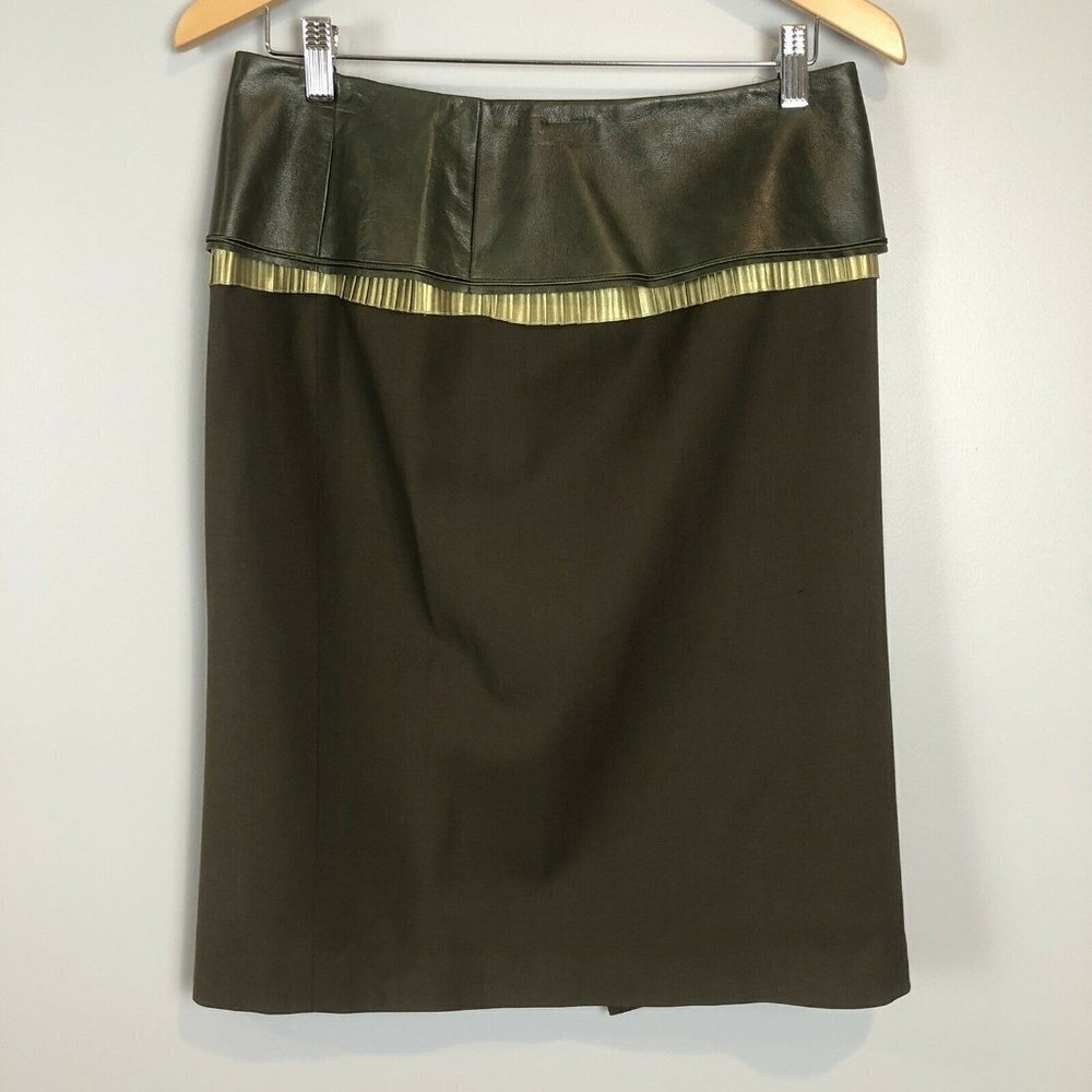 Elizabeth Steeve Olive Leather Fabric Pencil Skirt